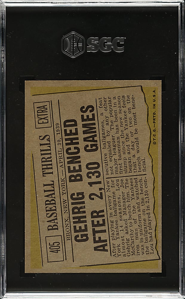 1961 Topps #405 Lou Gehrig Baseball Thrills SGC NM 7