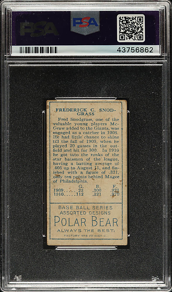 1911 T205 Gold Border Fred Snodgrass PSA VG+ 3.5 - Polar Bear Back