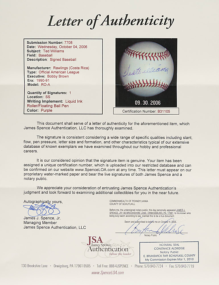 Ted Williams Single-Signed Baseball - JSA