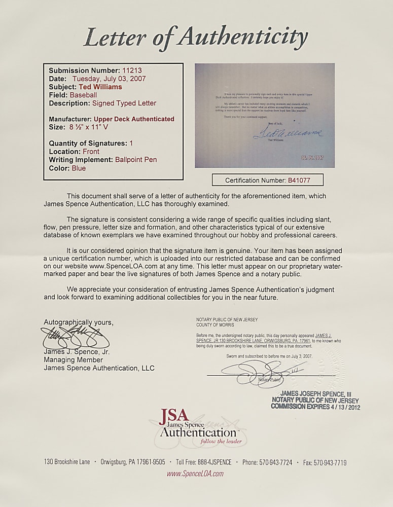 Ted Williams Typed-Signed Letter - JSA