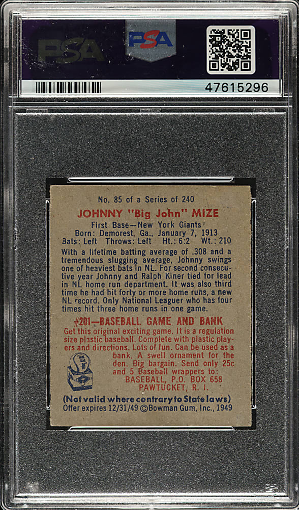 1949 Bowman #85 Johnny Mize No Name on Front PSA EX 5