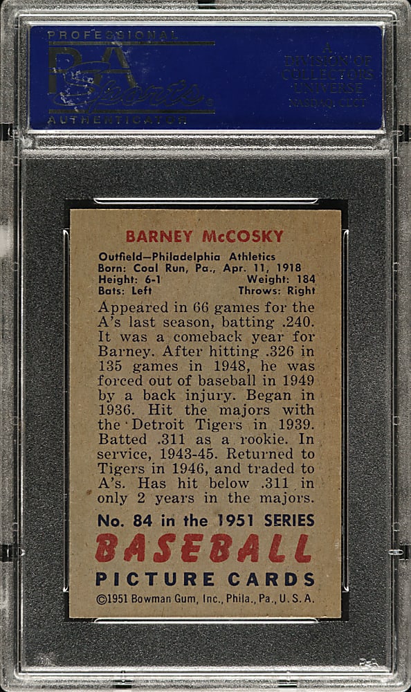 1951 Bowman #84 Barney McCosky PSA NM-MT 8