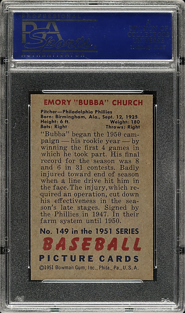 1951 Bowman #149 Bubba Church PSA NM-MT 8