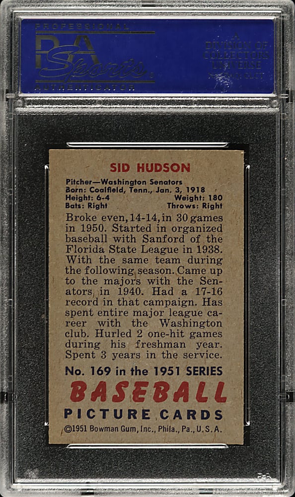1951 Bowman #169 Sid Hudson PSA NM-MT 8