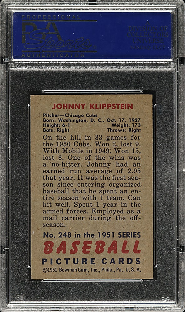 1951 Bowman #248 Johnny Klippstein PSA NM-MT 8