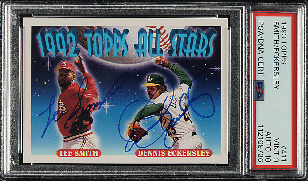 Signed 1993 Topps #411 Lee Smith and Dennis Eckersley All-Stars PSA MINT 9 with GEM MINT 10 Signatures