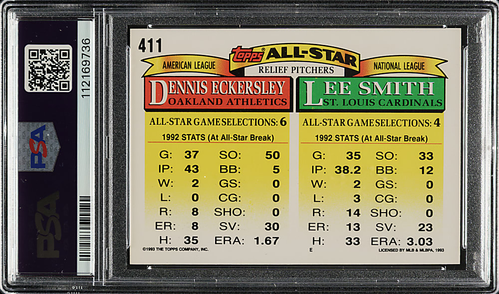 Signed 1993 Topps #411 Lee Smith and Dennis Eckersley All-Stars PSA MINT 9 with GEM MINT 10 Signatures