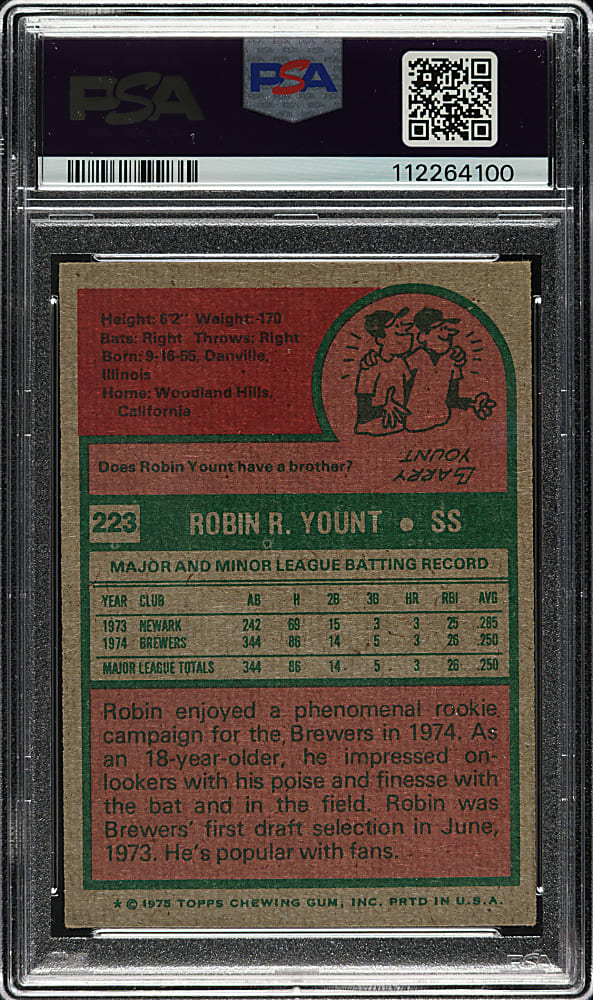 Signed 1975 Topps #223 Robin Yount Rookie PSA EX 5 with MINT 9 Signature