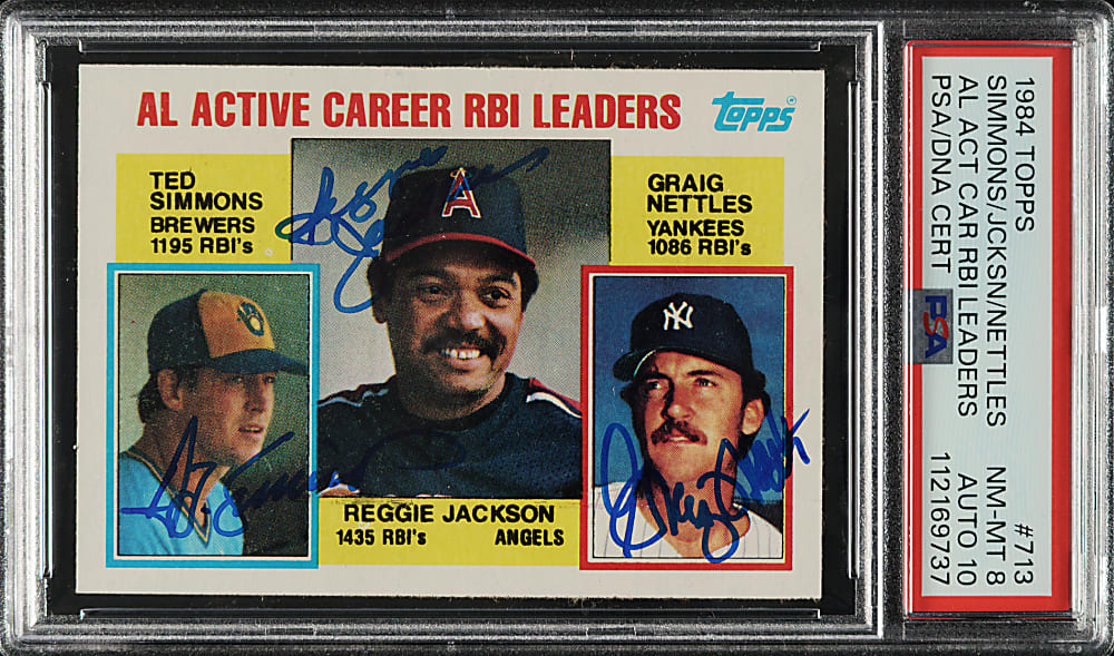 Signed 1984 Topps #713 AL RBI Leaders with Ted Simmons, Reggie Jackson and Craig Nettles PSA NM-MT 8 with GEM MINT 10 Signatures