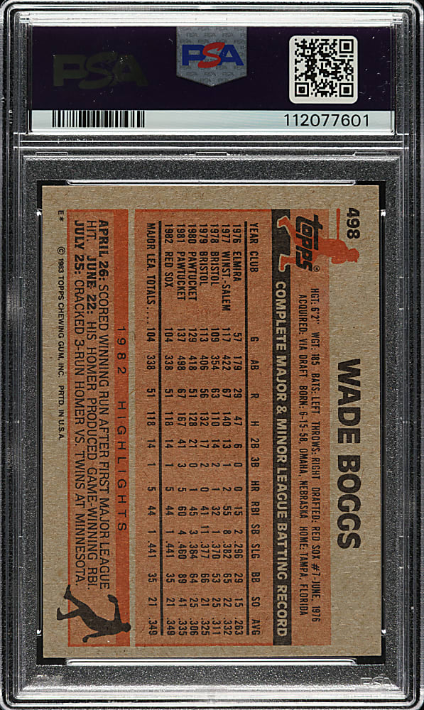 Signed 1983 Topps #498 Wade Boggs Rookie PSA NM-MT 8 with GEM MINT 10 Signature