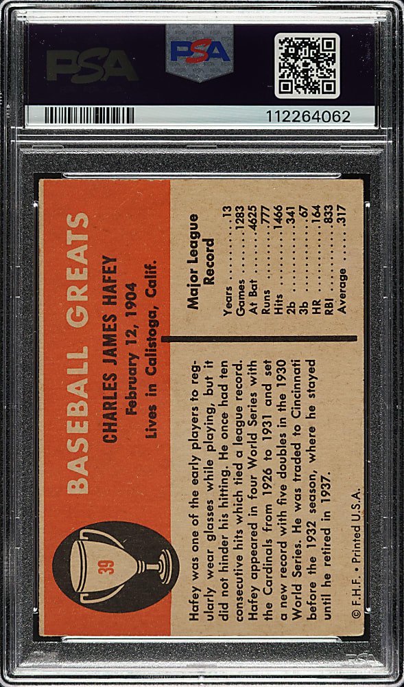Signed 1961 Fleer #39 Chick Hafey PSA VG-EX 4 with EX-MT 6 Signature