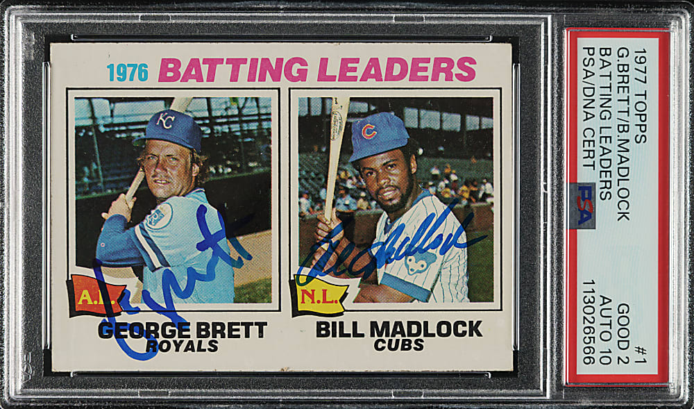 Signed 1977 Topps #1 Batting Leaders with George Brett and Bill Madlock PSA GOOD 2 with GEM MINT 10 Signatures