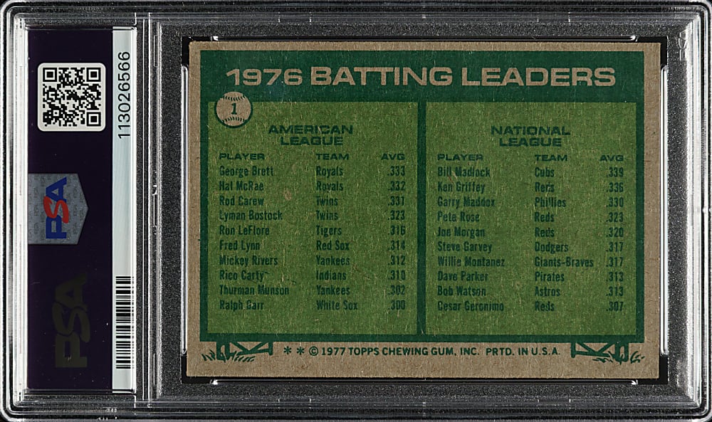 Signed 1977 Topps #1 Batting Leaders with George Brett and Bill Madlock PSA GOOD 2 with GEM MINT 10 Signatures