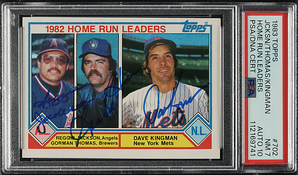 Signed 1983 Topps #702 Home Run Leaders with Reggie Jackson, Gorman Thomas and Dave Kingman PSA NM 7 with GEM MINT 10 Signatures