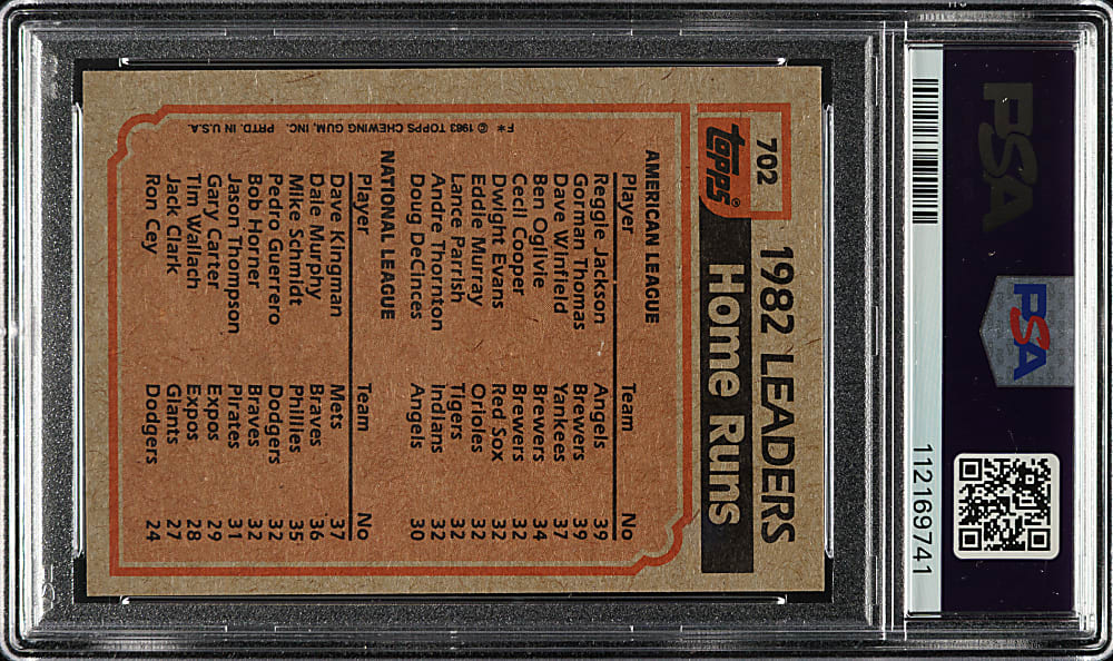 Signed 1983 Topps #702 Home Run Leaders with Reggie Jackson, Gorman Thomas and Dave Kingman PSA NM 7 with GEM MINT 10 Signatures