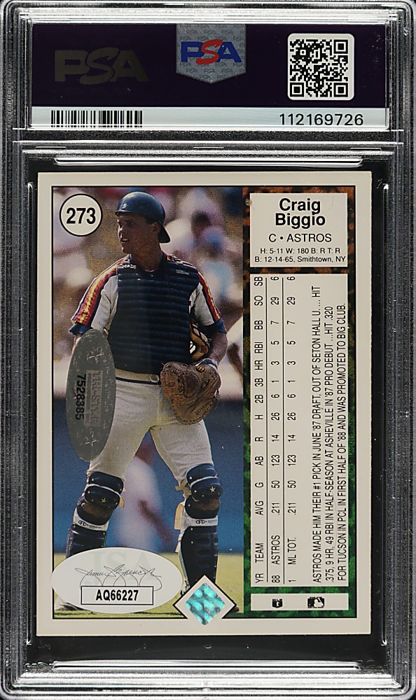 Signed 1989 Upper Deck #273 Craig Biggio Rookie PSA VG-EX 4 with GEM MINT 10 Signature