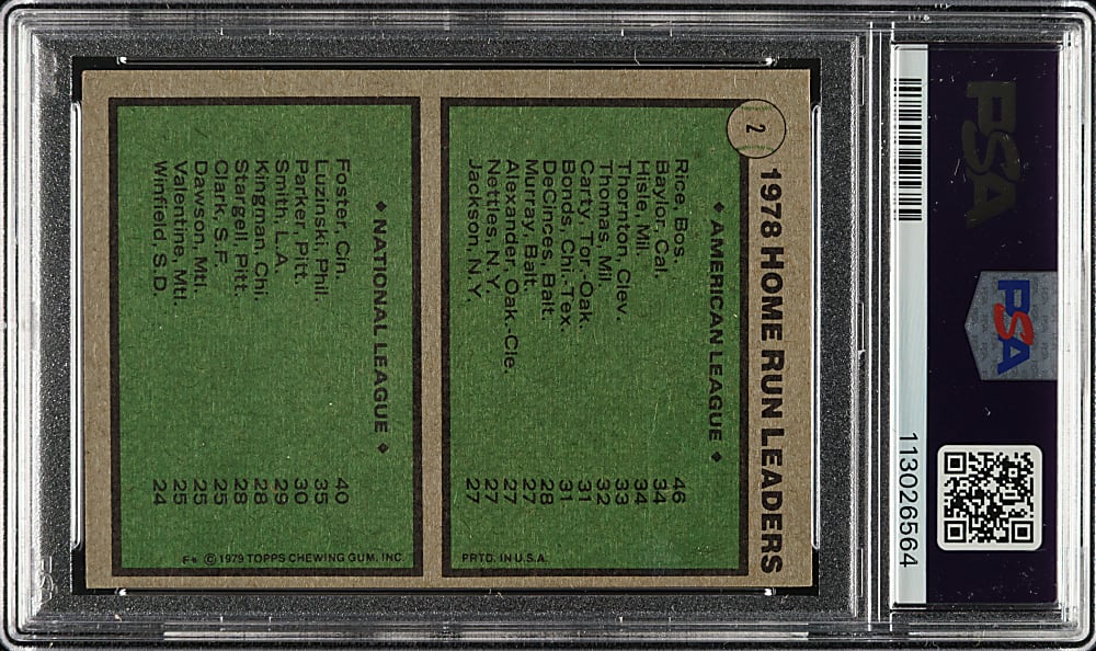 Signed 1979 Topps #2 Home Run Leaders with Jim Rice and George Foster PSA NM 7 with GEM MINT 10 Signatures