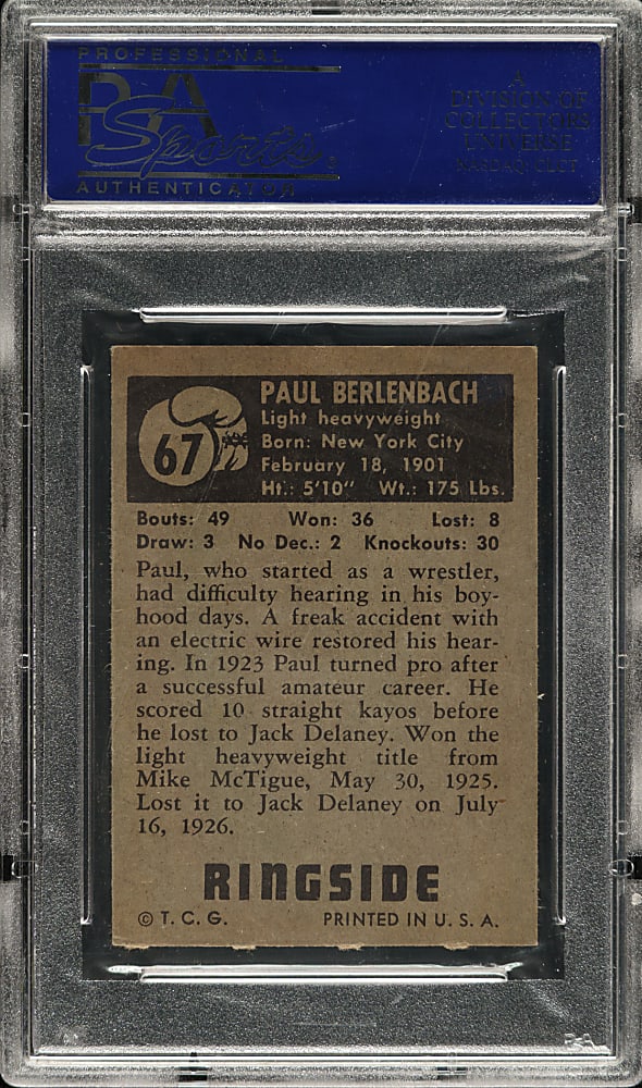 1951 Topps Ringside Boxing #67 Paul Berlenbach PSA EX-MT 6