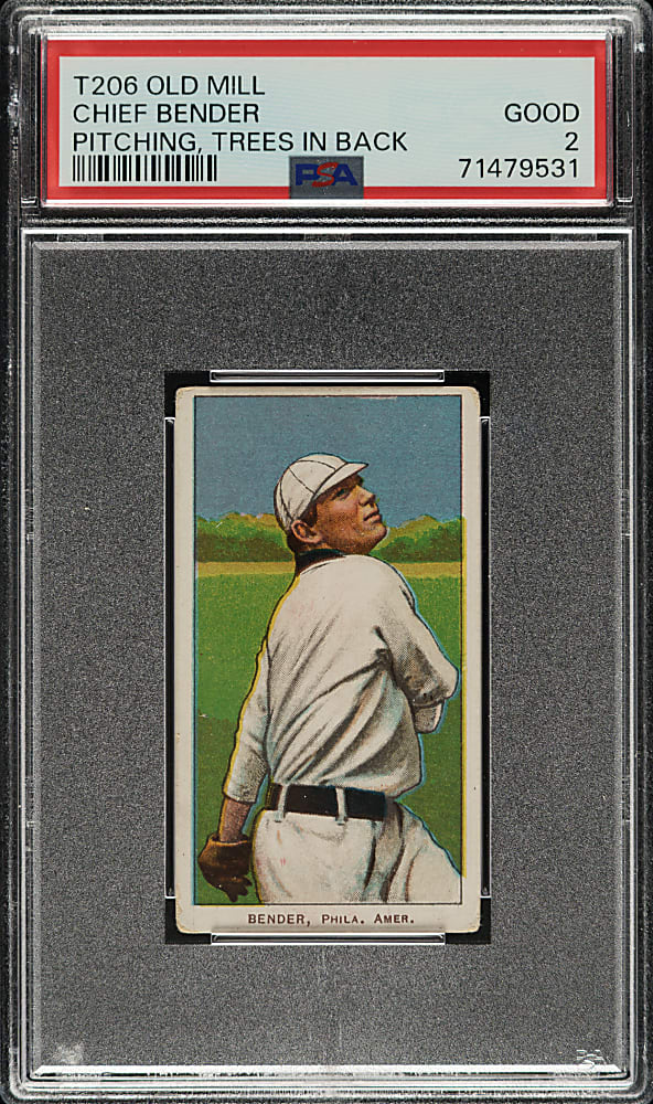 1909-1911 T206 White Border Chief Bender Pitching, Trees in Background PSA GOOD 2 - Old Mill Back