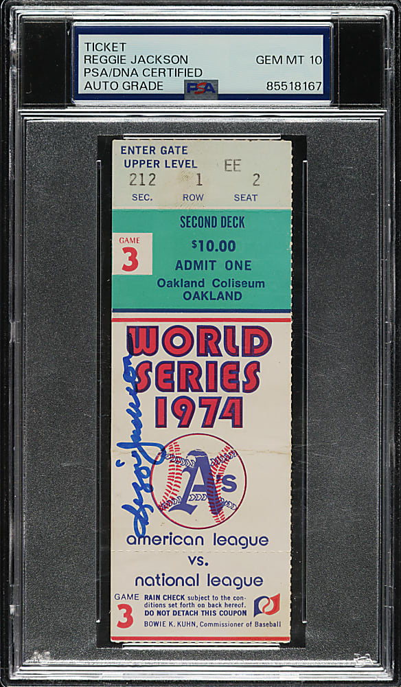 Reggie Jackson Signed 1974 Oakland Athletics (vs. Los Angeles Dodgers) World Series Game 3 Full Ticket PSA/DNA GEM MINT 10