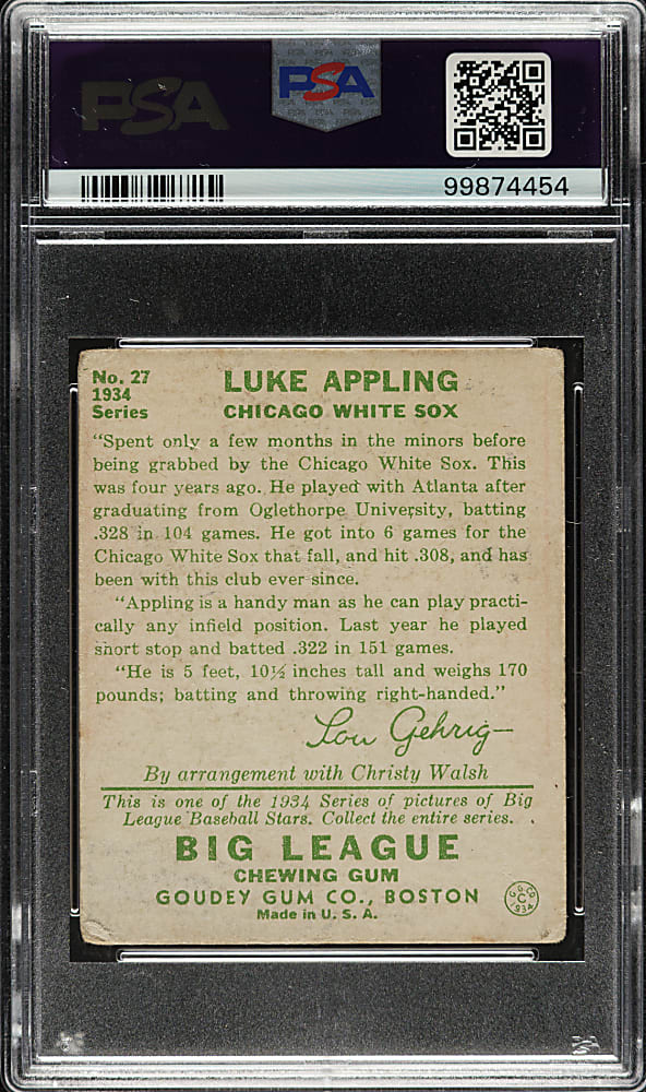 1934 R320 Goudey #27 Luke Appling PSA FAIR 1.5