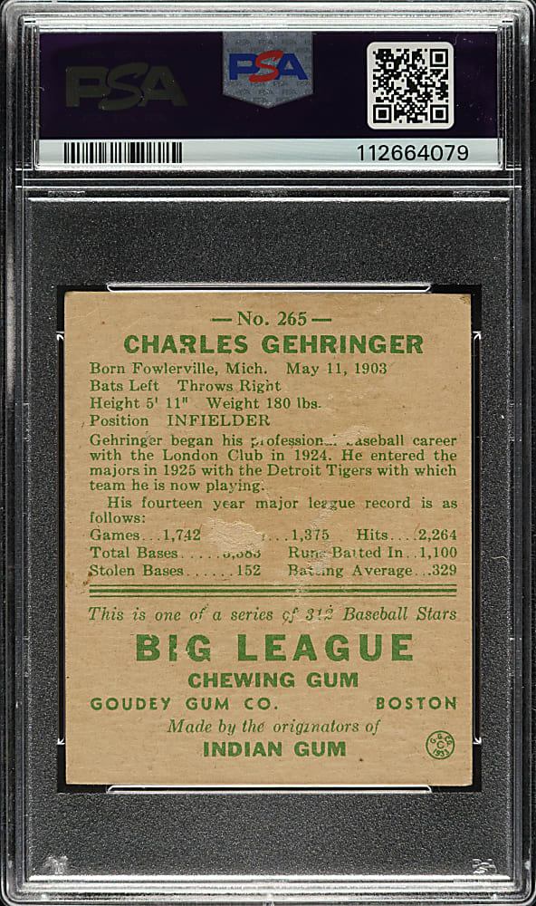 1938 R323 Goudey "Heads-Up" #265 Charlie Gehringer PSA FAIR 1.5