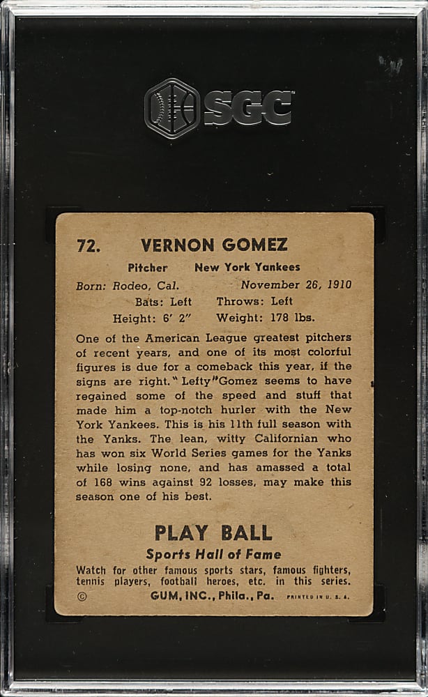 1941 R336 Play Ball #72 Lefty Gomez SGC VG+ 3.5