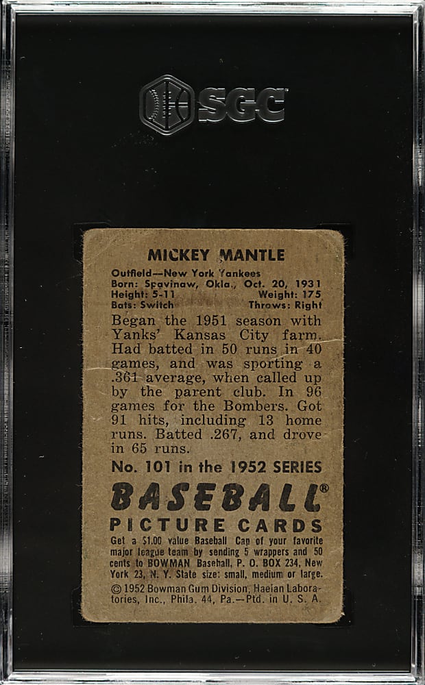 1952 Bowman #101 Mickey Mantle SGC POOR 1