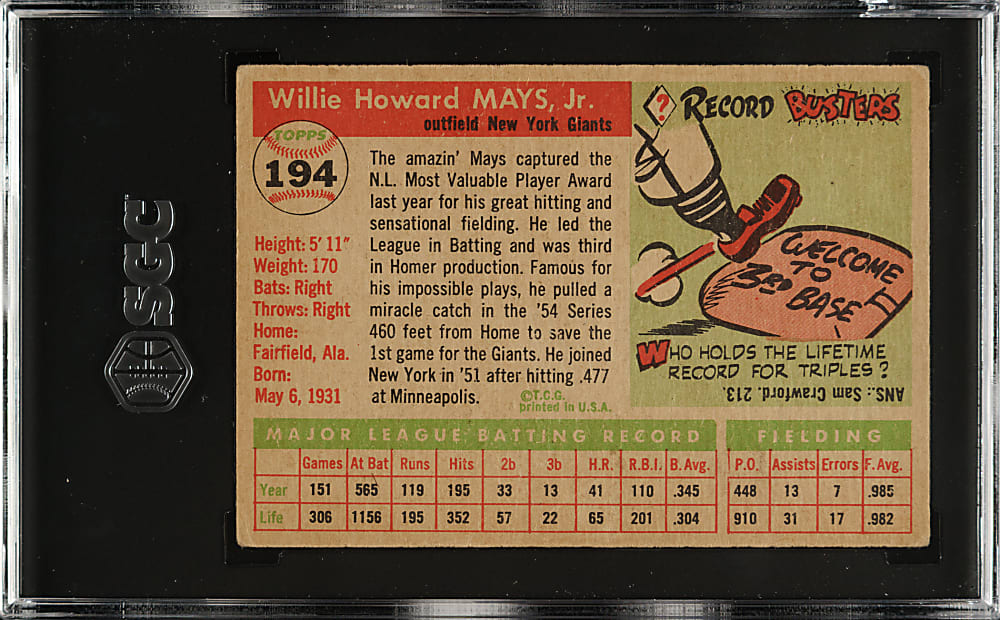 1955 Topps #194 Willie Mays SGC FAIR 1.5