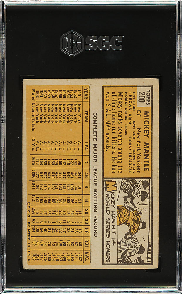 1963 Topps #200 Mickey Mantle SGC GOOD+ 2.5