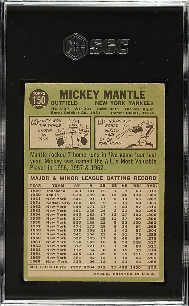 1967 Topps #150 Mickey Mantle SGC VG 3