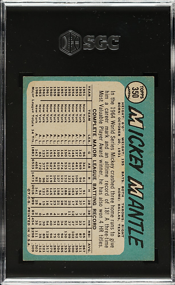 1965 Topps #350 Mickey Mantle SGC VG/EX+ 4.5