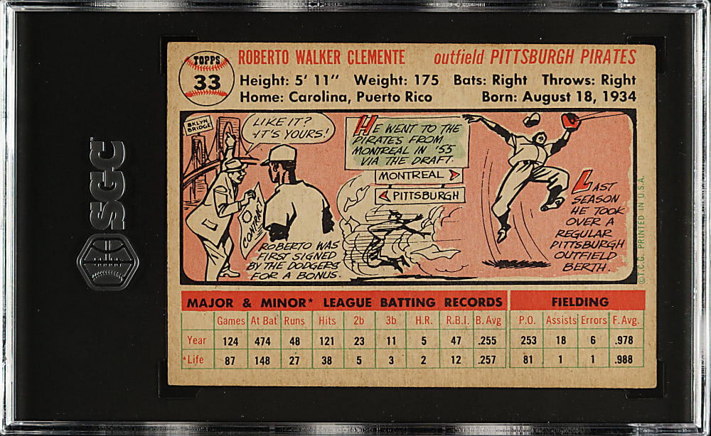 1956 Topps #33 Roberto Clemente White Back SGC VG 3