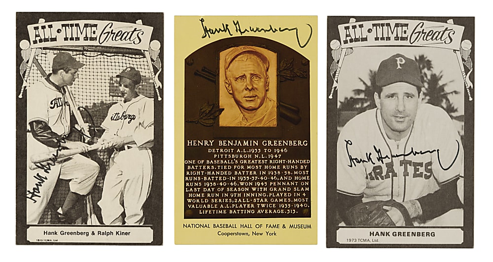 Signed 1973-1980 TCMA All-Time Greats and Yellow Hall of Fame Postcard Hank Greenberg Trio
