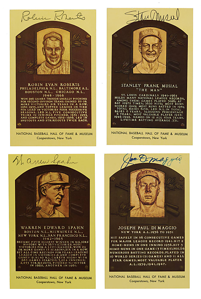 Signed Yellow Hall of Fame Postcard Collection (9) Including Joe DiMaggio and Stan Musial