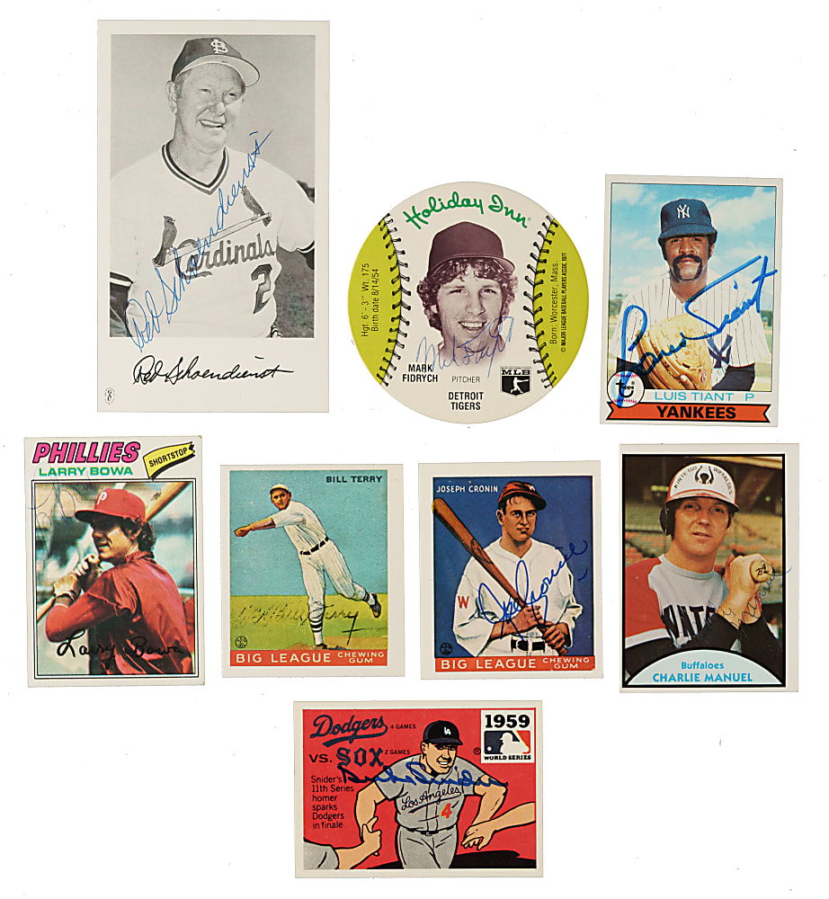 Signed 1977 to 1980 Card and Reprint Collection (12) Including Warren Spahn and Mark Fidrych Rookie