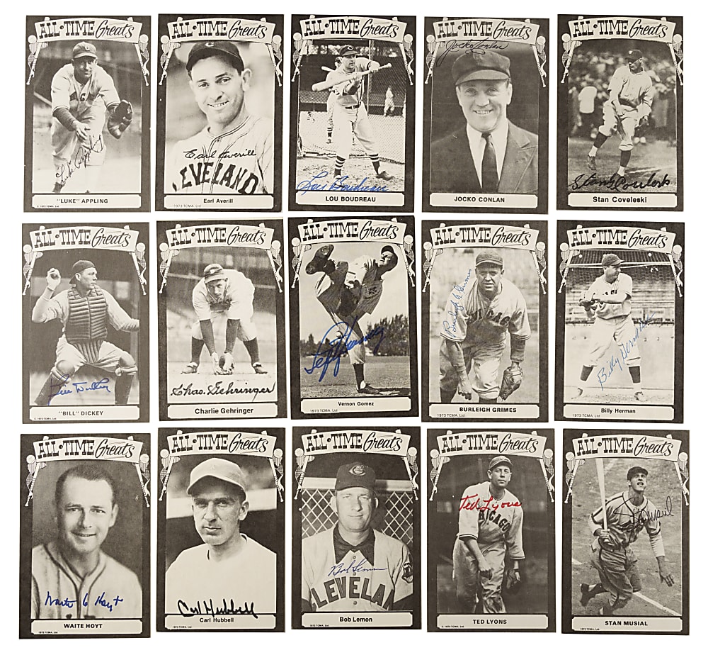 Signed 1973-1980 TCMA All-Time Greats Postcard Collection (25) Including Joe DiMaggio, Willie Mays, Lloyd Waner and Yogi Berra