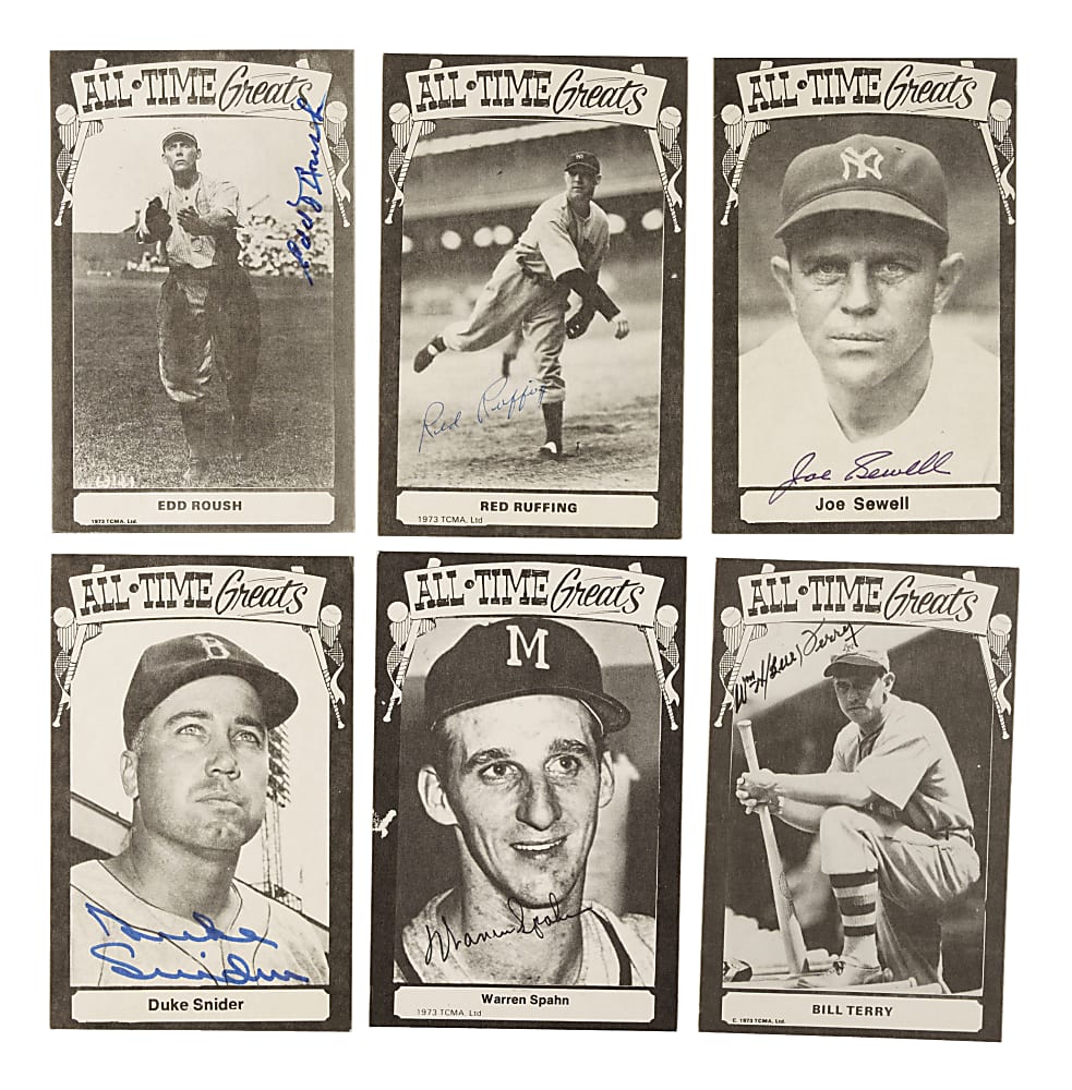 Signed 1973-1980 TCMA All-Time Greats Postcard Collection (25) Including Joe DiMaggio, Willie Mays, Lloyd Waner and Yogi Berra