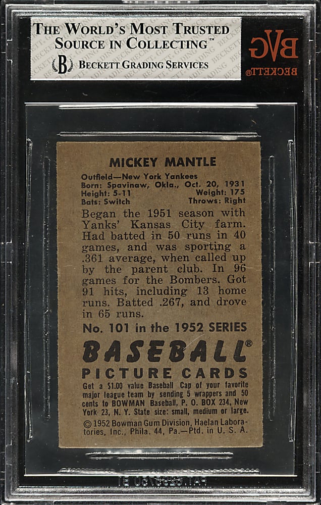 1952 Bowman #101 Mickey Mantle BVG VG 3