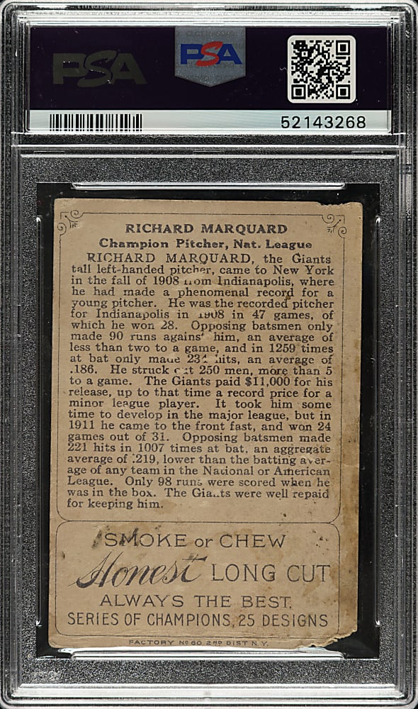 1912 T227 "Series of Champions" Rube Marquard (Honest Long Cut) PSA POOR 1