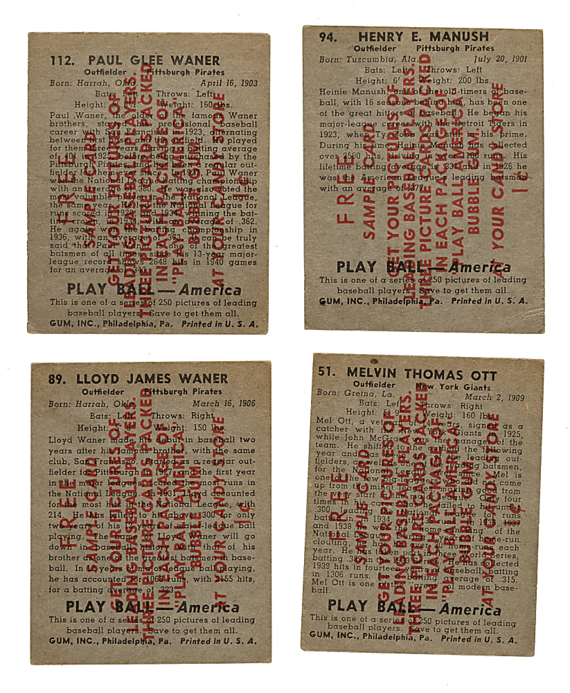 1939 R334 Play Ball Collection (10) Including Bobby Doerr, Lloyd Waner and Mel Ott - All Sample Backs