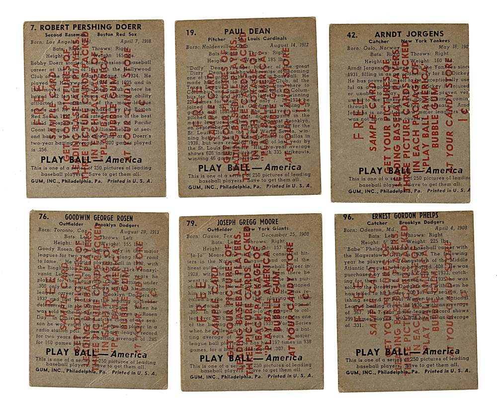 1939 R334 Play Ball Collection (10) Including Bobby Doerr, Lloyd Waner and Mel Ott - All Sample Backs