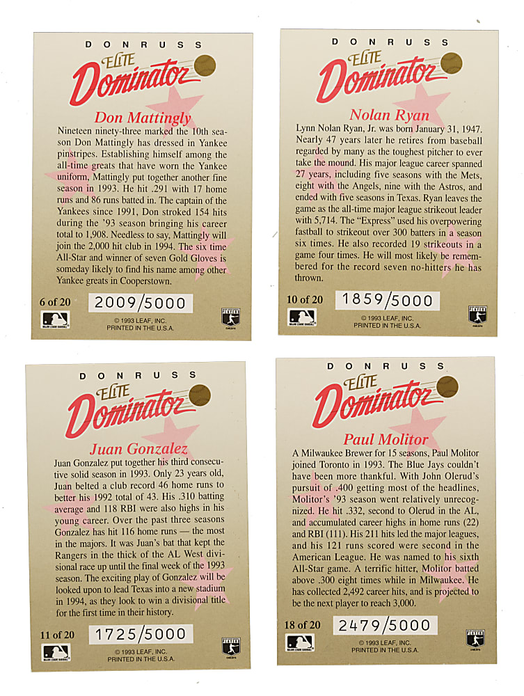 1993 Donruss Elite Dominators Near-Complete Set (19/20) Plus 11 Duplicates Including 6 Signed Cards