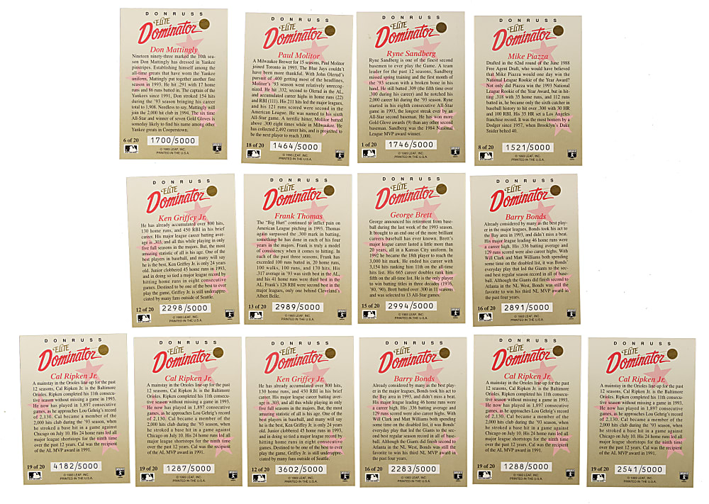 1993 Donruss Elite Dominators Near-Complete Set (19/20) Plus 11 Duplicates Including 6 Signed Cards