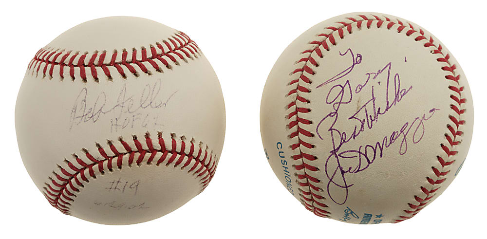 Joe DiMaggio and Bob Feller Single-Signed Baseball Pair with Multiple Inscriptions