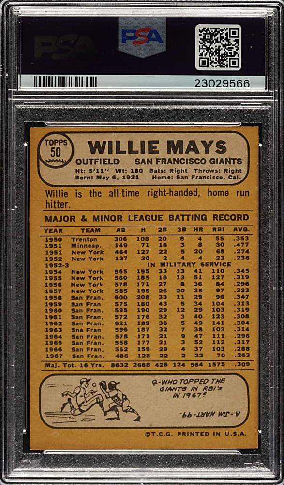 1968 Topps #50 Willie Mays PSA NM-MT 8