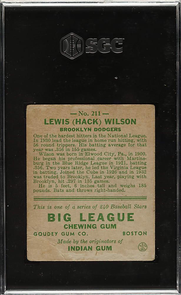 1933 R319 Goudey #211 Hack Wilson SGC POOR 1