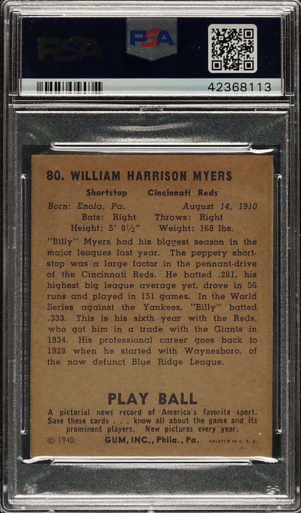 1940 R335 Play Ball #80 Bill Myers PSA NM 7