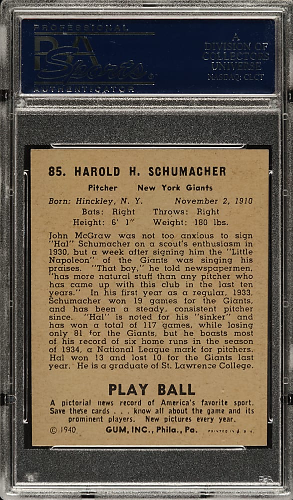 1940 R335 Play Ball #85 Hal Schumacher PSA NM 7