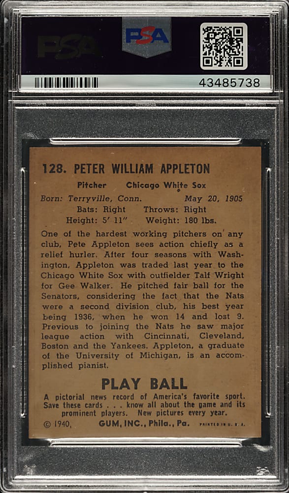 1940 R335 Play Ball #128 Pete Appleton PSA NM 7